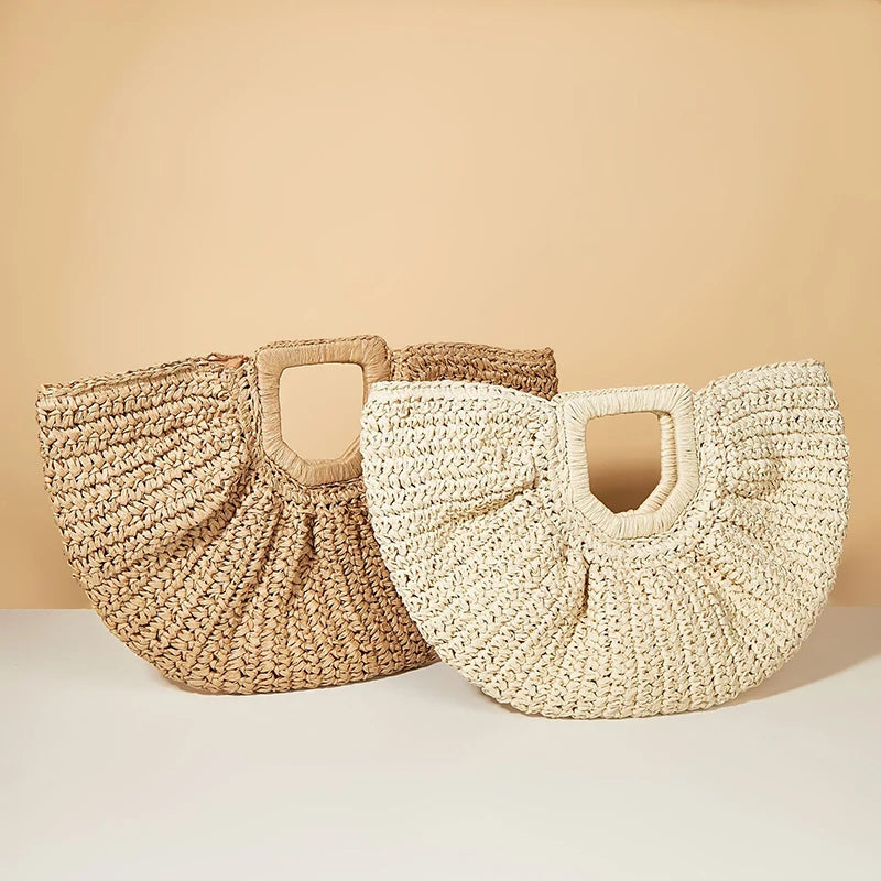 Half Moon Design Basket Beach Straw Bag, stylish and versatile for women, made from high-quality straw material.