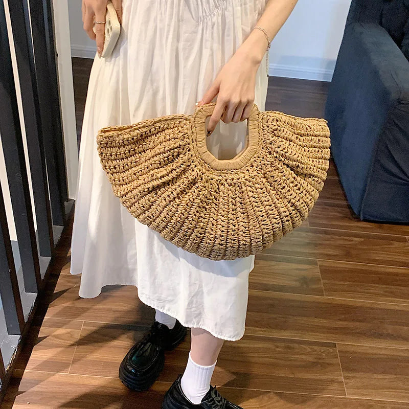 Half Moon Design Basket Beach Straw Bag, stylish and versatile for women, made from high-quality straw material.