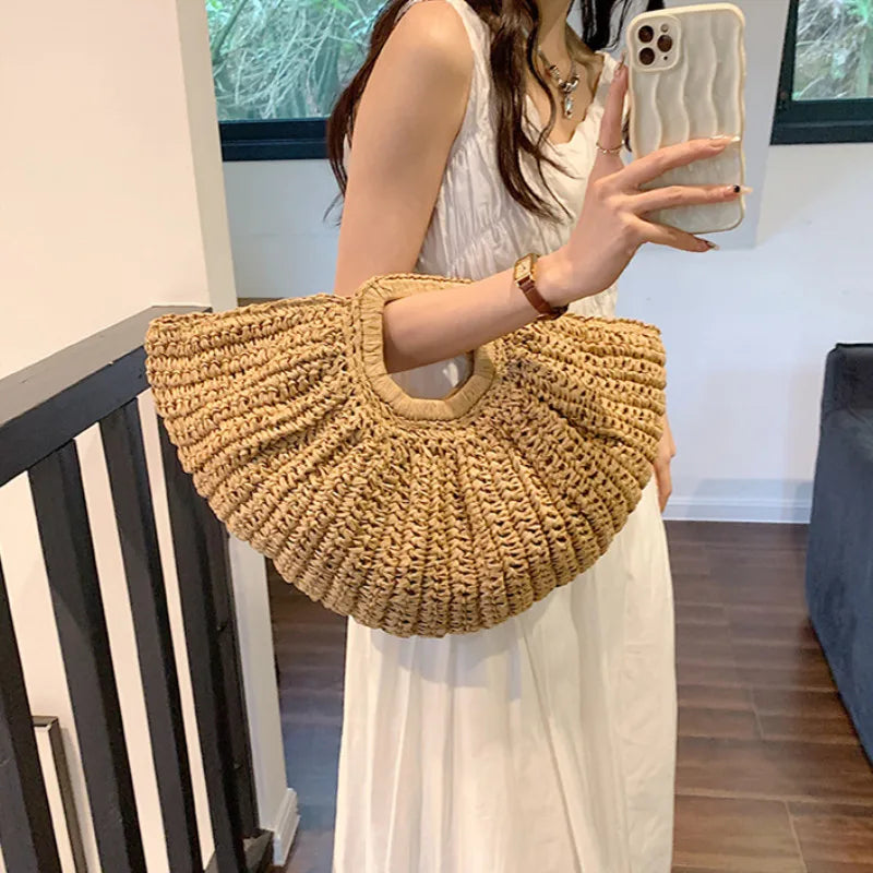 Half Moon Design Basket Beach Straw Bag, stylish and versatile for women, made from high-quality straw material.