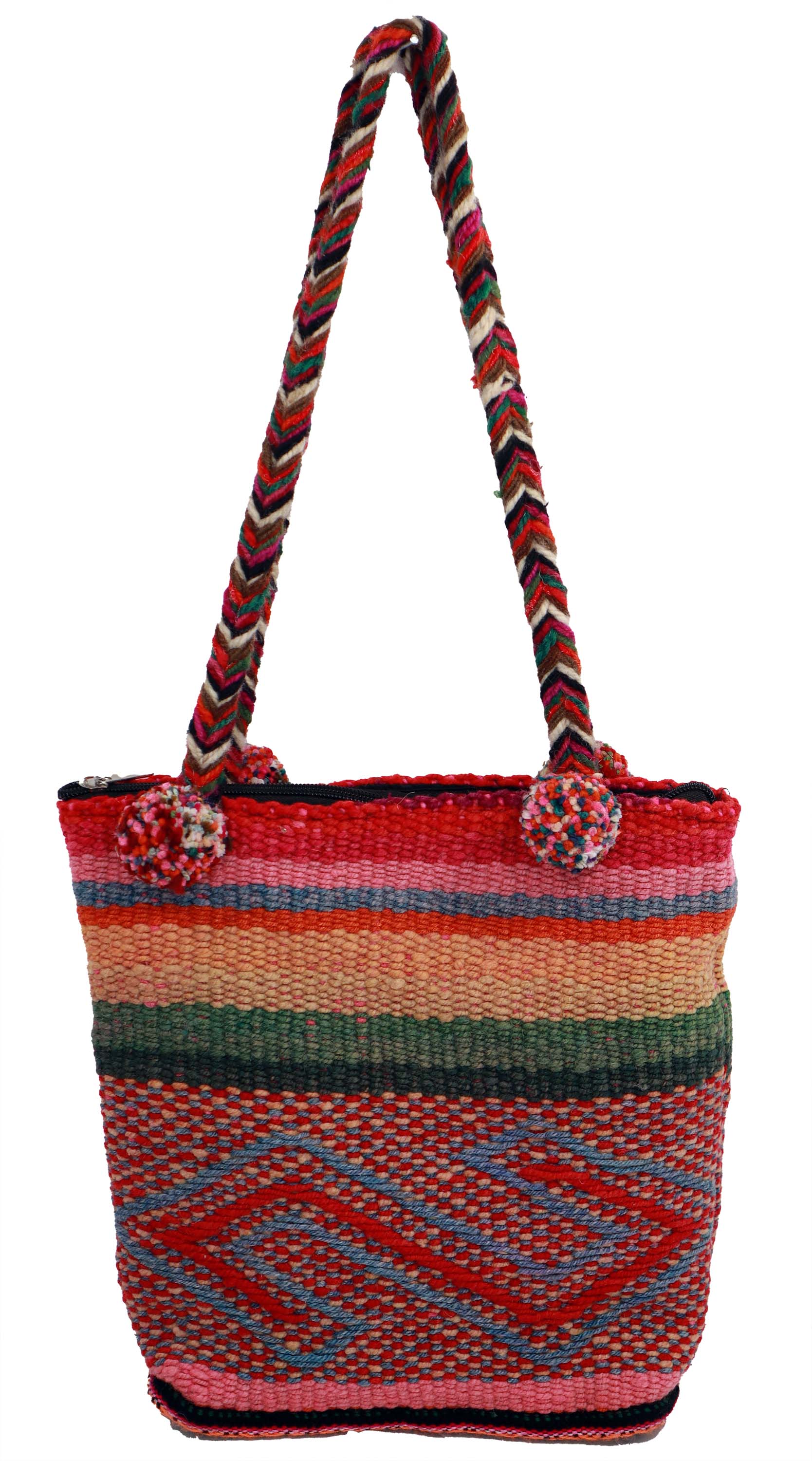 Hand Braided Pom-Pom Shoulder Bag featuring vibrant colors and intricate designs, handmade by Quechua artisans from durable sheep wool.