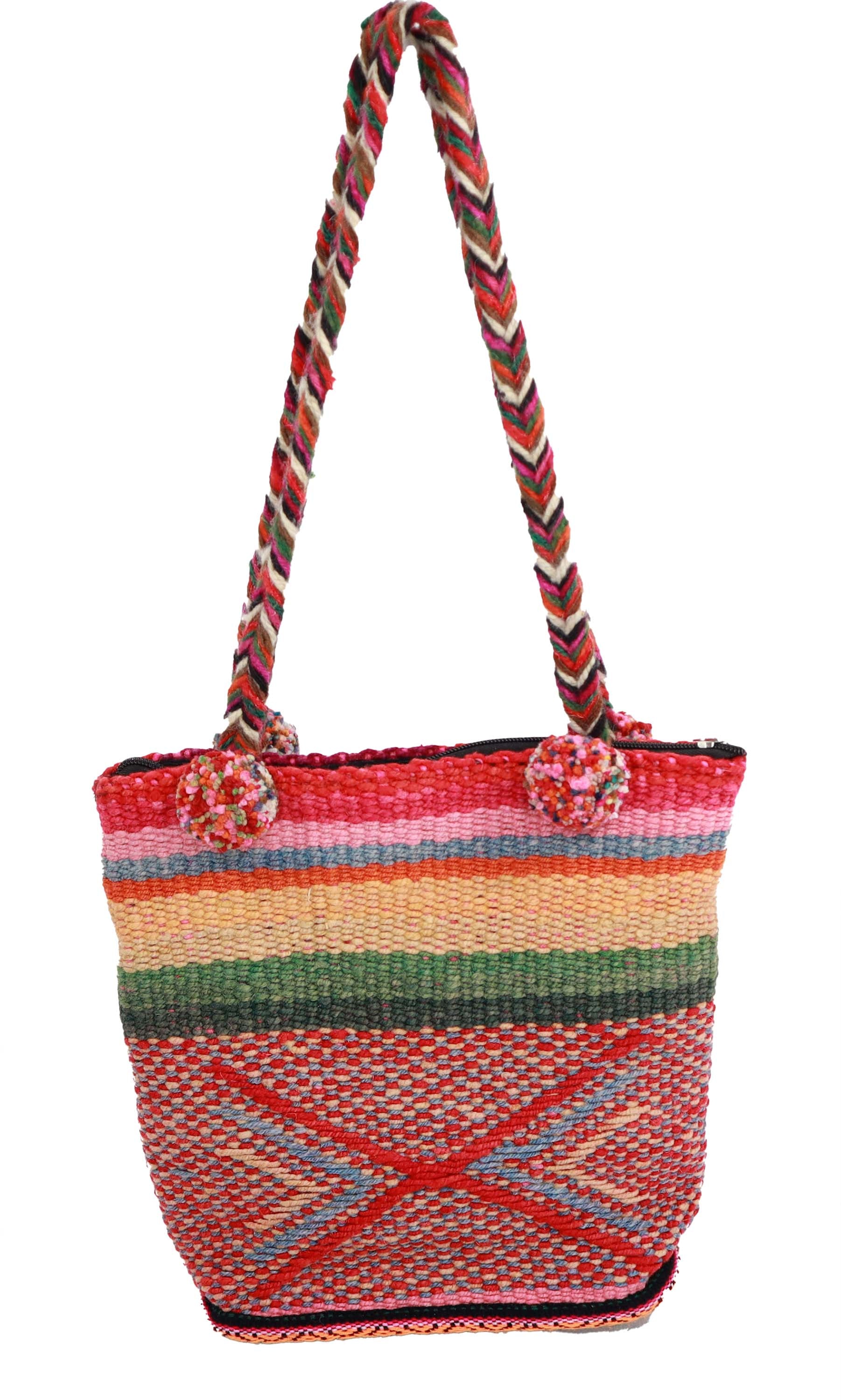 Hand Braided Pom-Pom Shoulder Bag featuring vibrant colors and intricate designs, handmade by Quechua artisans from durable sheep wool.