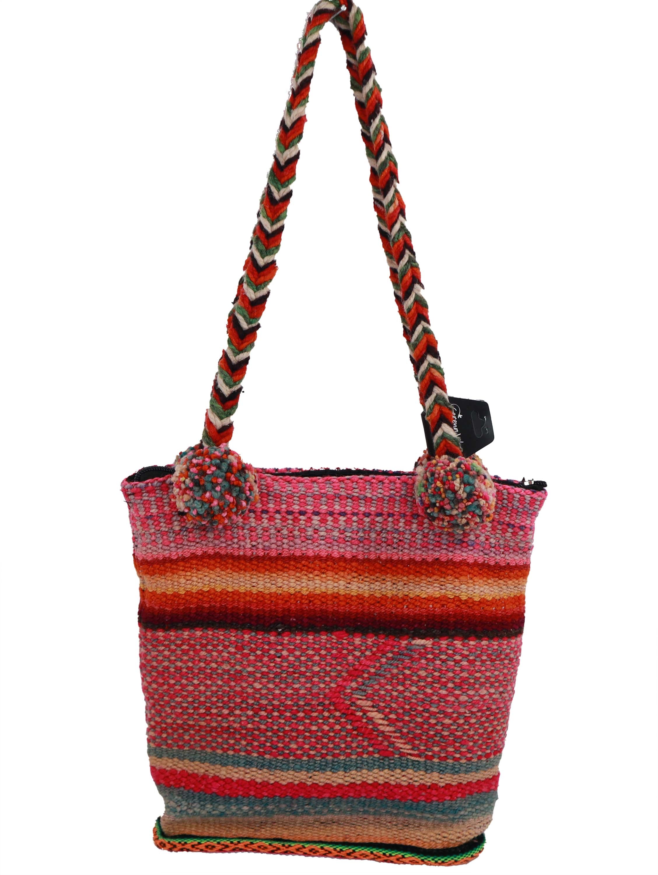 Hand Braided Pom-Pom Shoulder Bag featuring vibrant coral and oatmeal patterns, handmade by Quechua artisans with natural dyes.