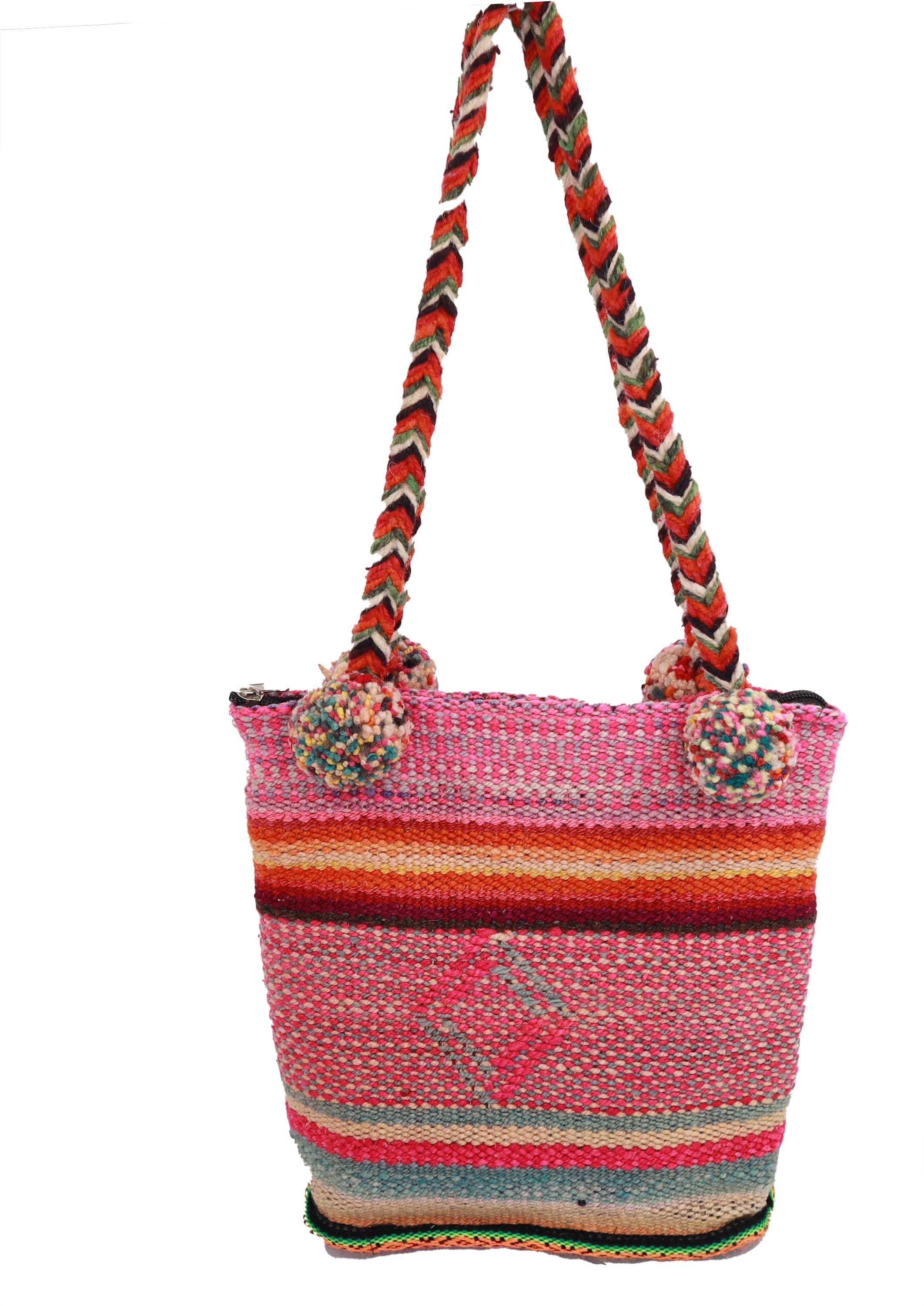 Hand Braided Pom-Pom Shoulder Bag featuring vibrant coral and oatmeal patterns, handmade by Quechua artisans with natural dyes.