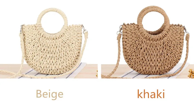 Handmade Half-Round Rattan Woven Straw Bag showcasing its unique half-moon shape and natural straw material, perfect for bohemian style.