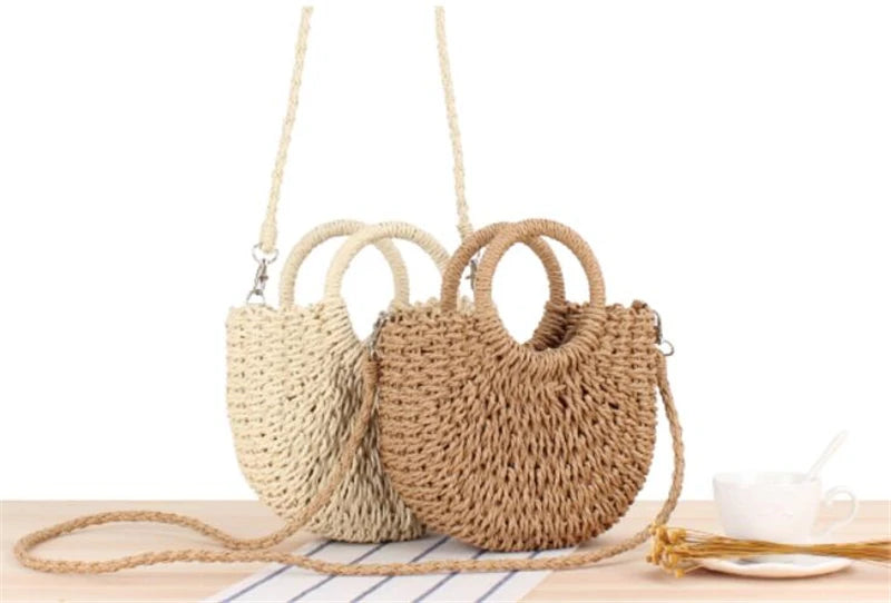 Handmade Half-Round Rattan Woven Straw Bag showcasing its unique half-moon shape and natural straw material, perfect for bohemian style.