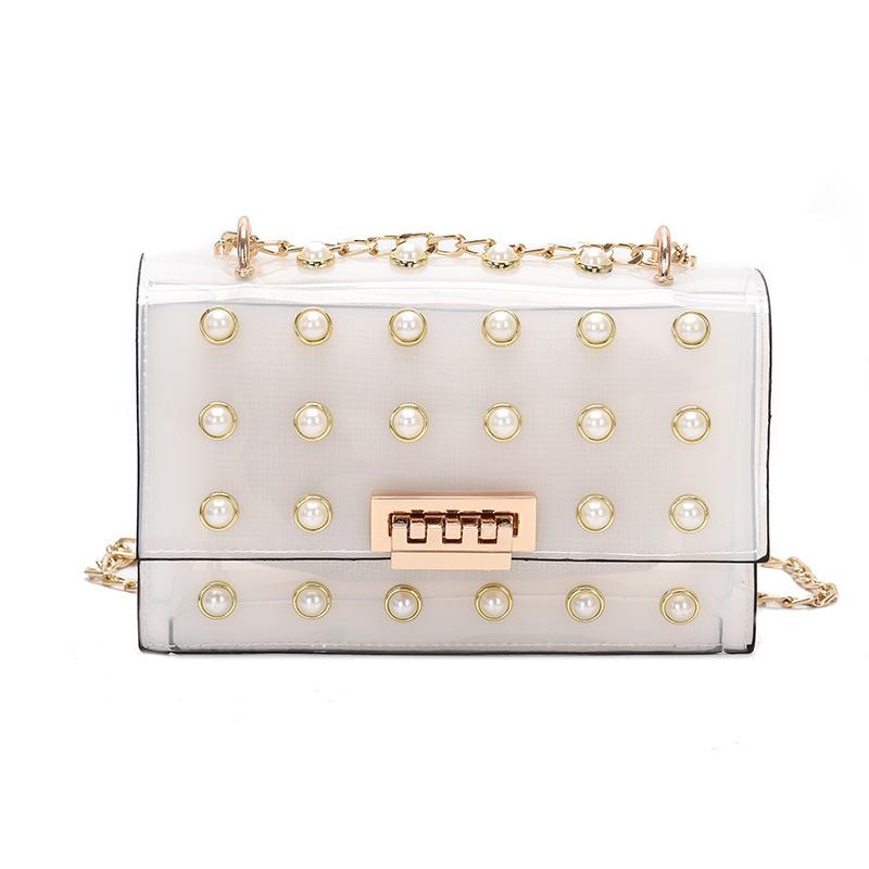 High Quality Women’s Pearl Rivet Messenger Bag featuring elegant rivets and pearls, made from durable PVC material with a stylish design.