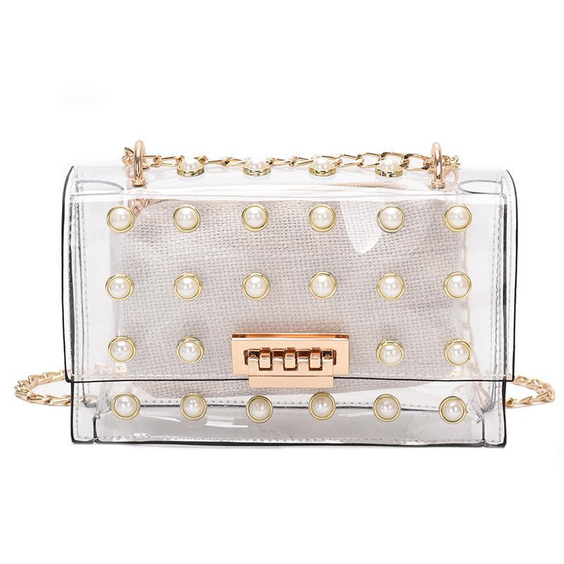 High Quality Women’s Pearl Rivet Messenger Bag featuring elegant rivets and pearls, made from durable PVC material with a stylish design.