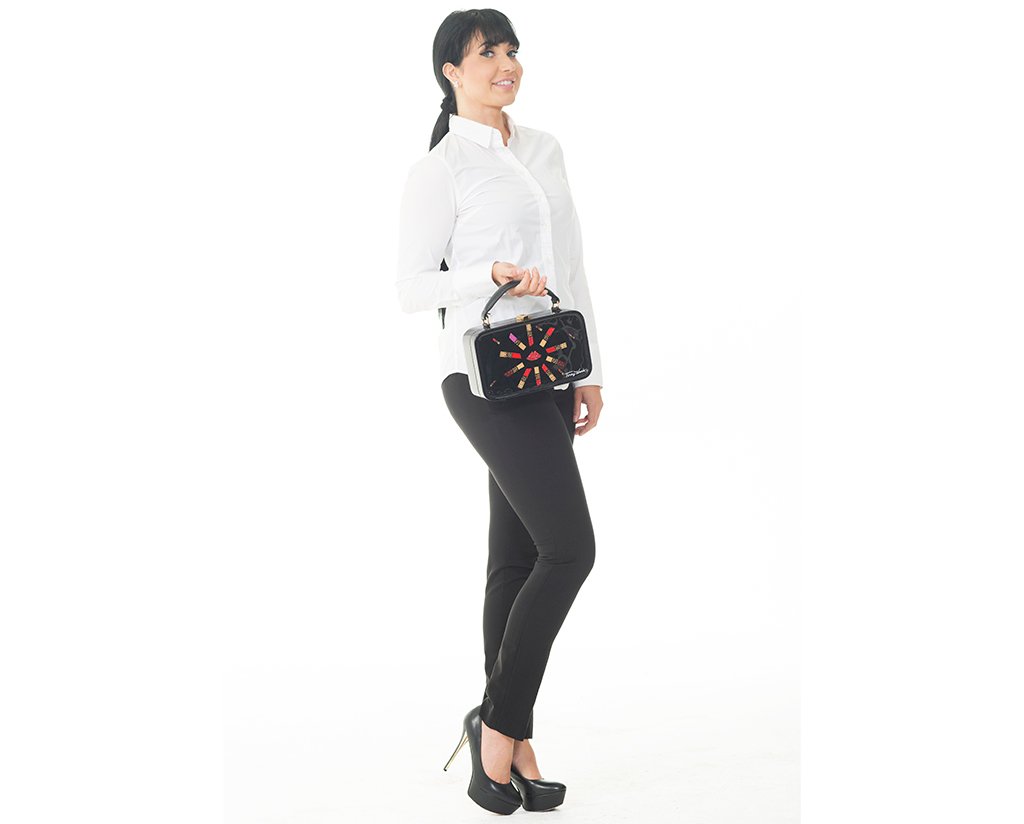 Hiplips Handbag featuring a lip logo and hand-painted leopard lipsticks on faux leather with a top handle.