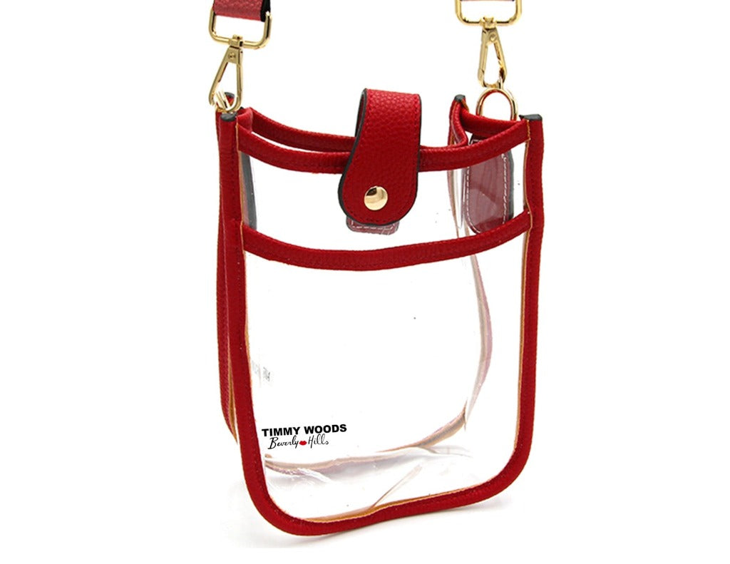 Imani Red crossbody bag made of transparent acrylic with a front pocket and a comfortable shoulder strap.