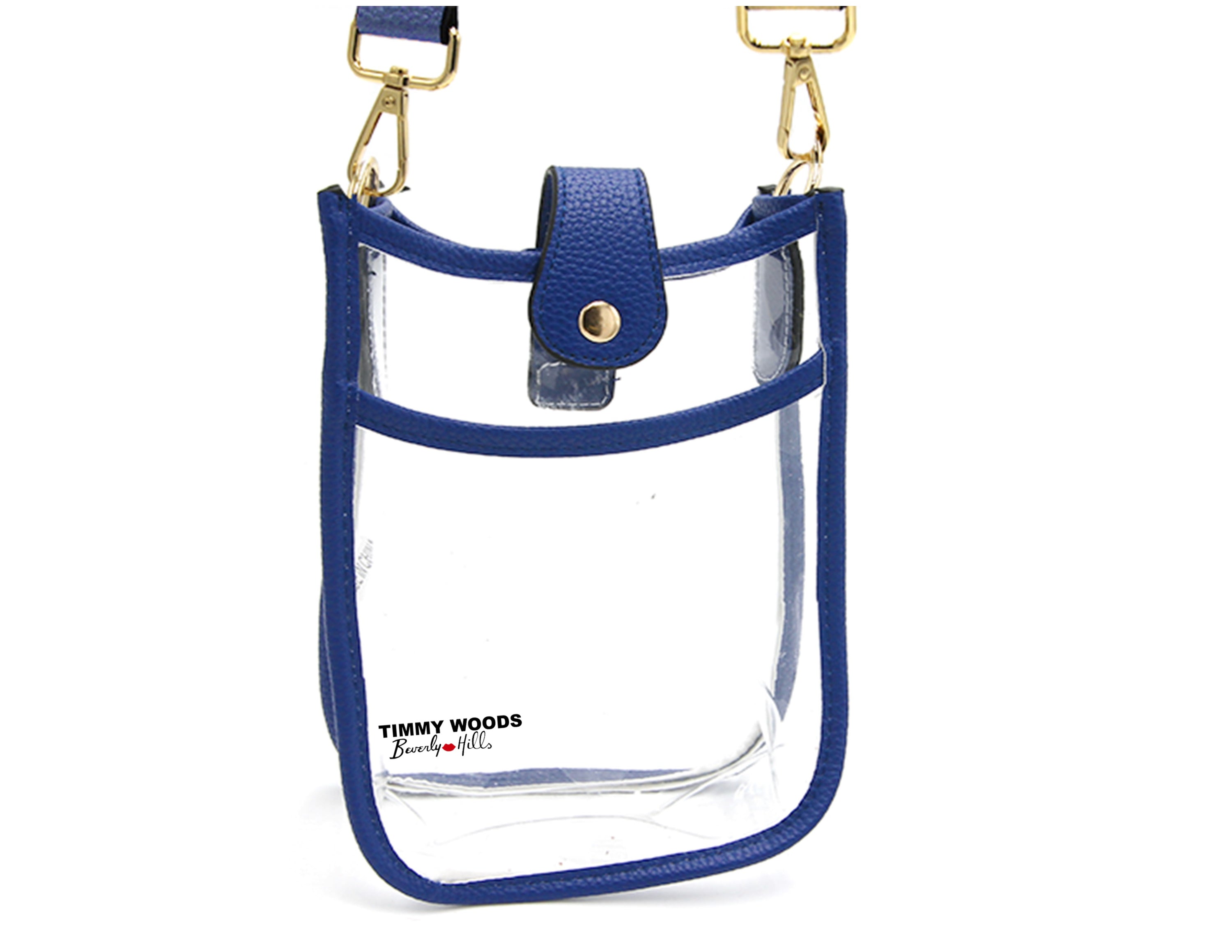 Imani Royal Bag by Timmy Woods, a stylish transparent acrylic crossbody bag with a front pocket and comfortable shoulder strap.