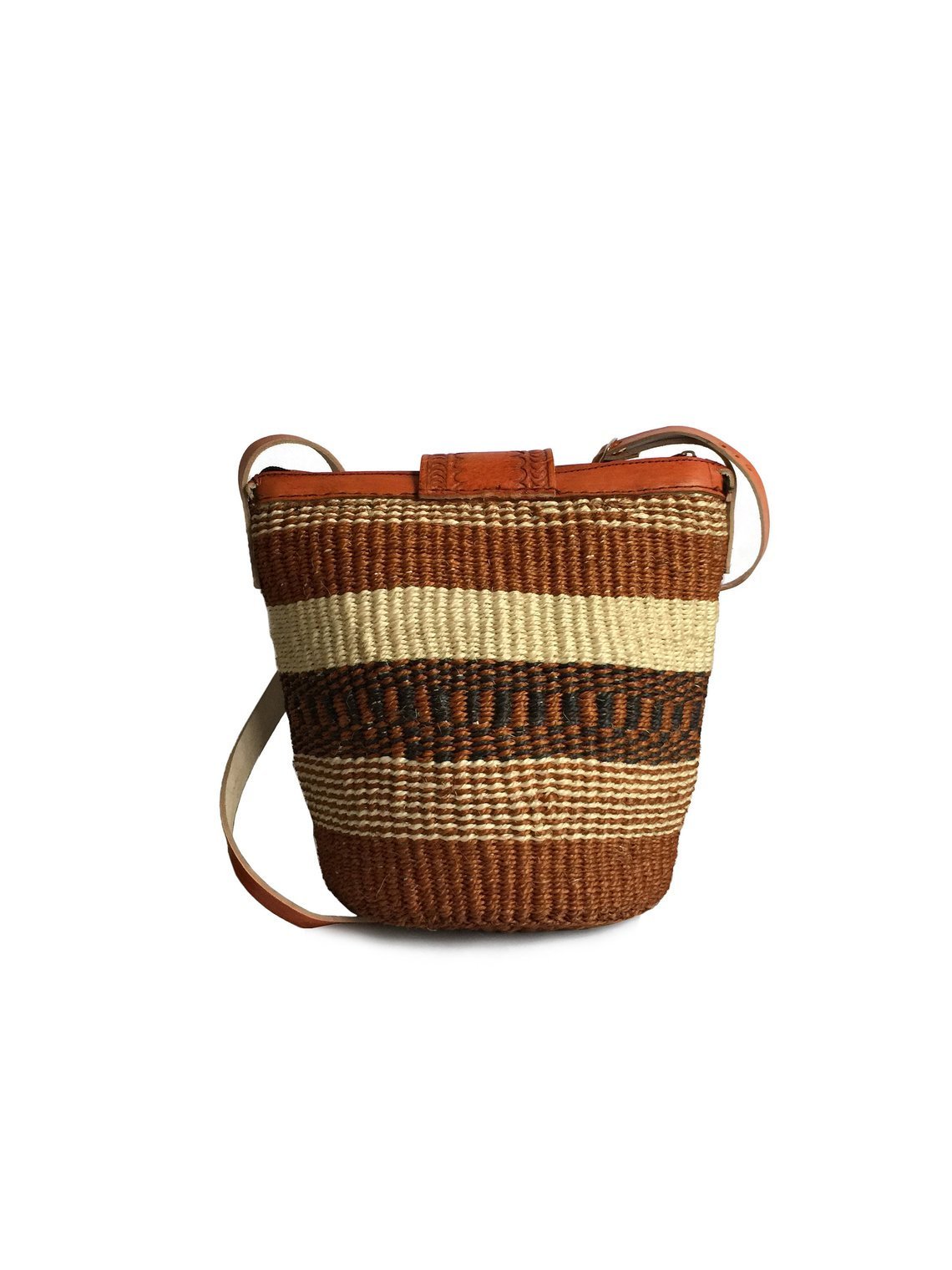 Kikuyu traditional handwoven African crossbody bag made from sisal and leather, featuring a zipper closure and cotton lining, showcasing unique patterns.