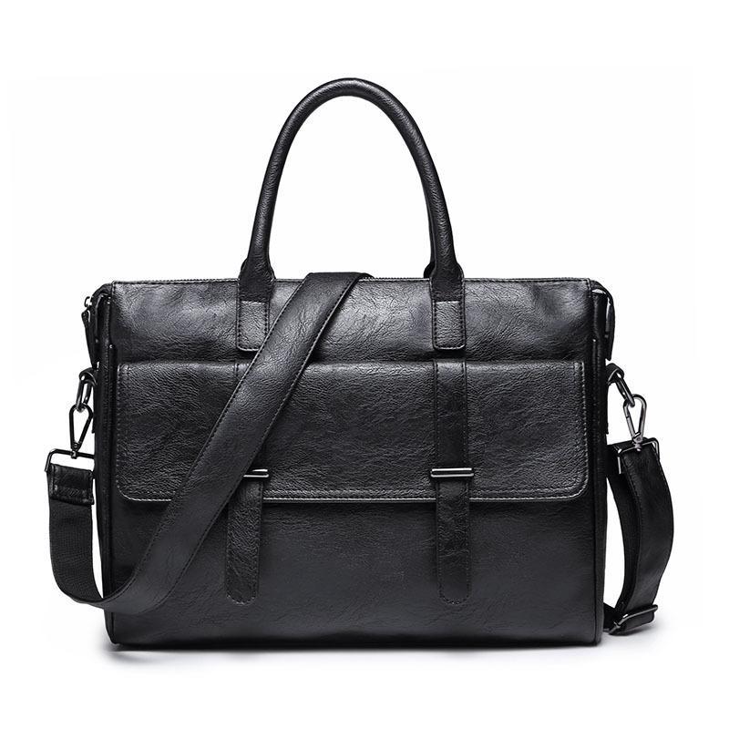 Korean Style Black Travel Laptop Briefcase for Men, made of leather with multiple pockets and a sleek design.