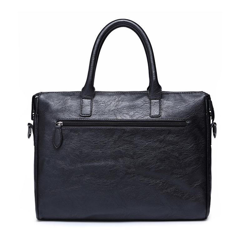 Korean Style Black Travel Laptop Briefcase for Men, made of leather with multiple pockets and a sleek design.