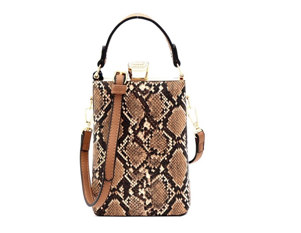 La Verne Beige handbag made from vegan leather with gold-tone hardware and adjustable strap.