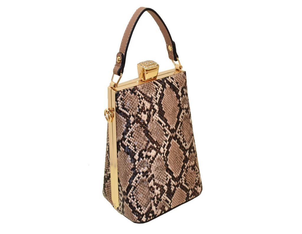 La Verne Beige handbag made from vegan leather with gold-tone hardware and adjustable strap.