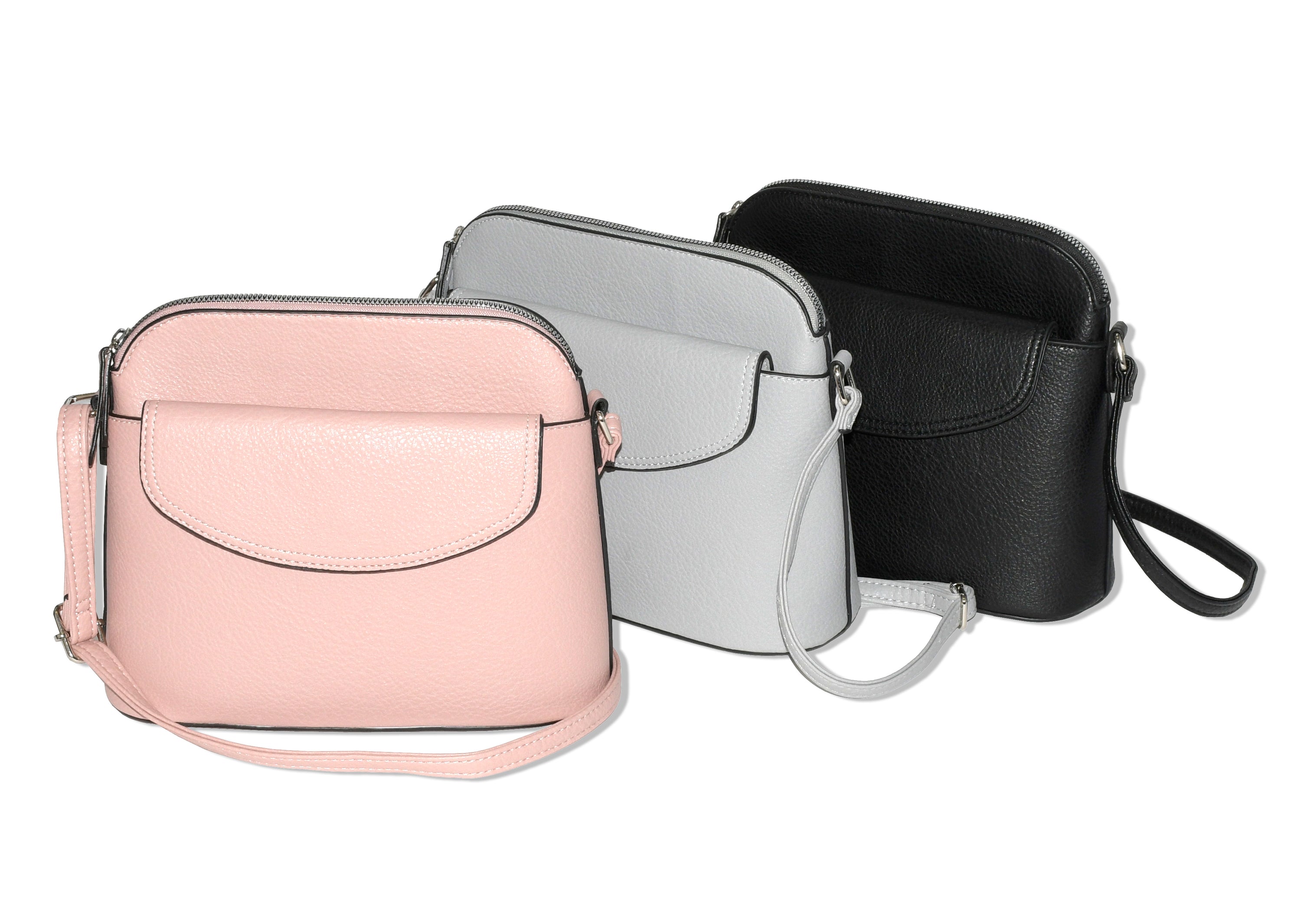 Ladies' Crossbody Bag with Front Flap in soft pebble PU, featuring a rounded flap, adjustable strap, and spacious interior.