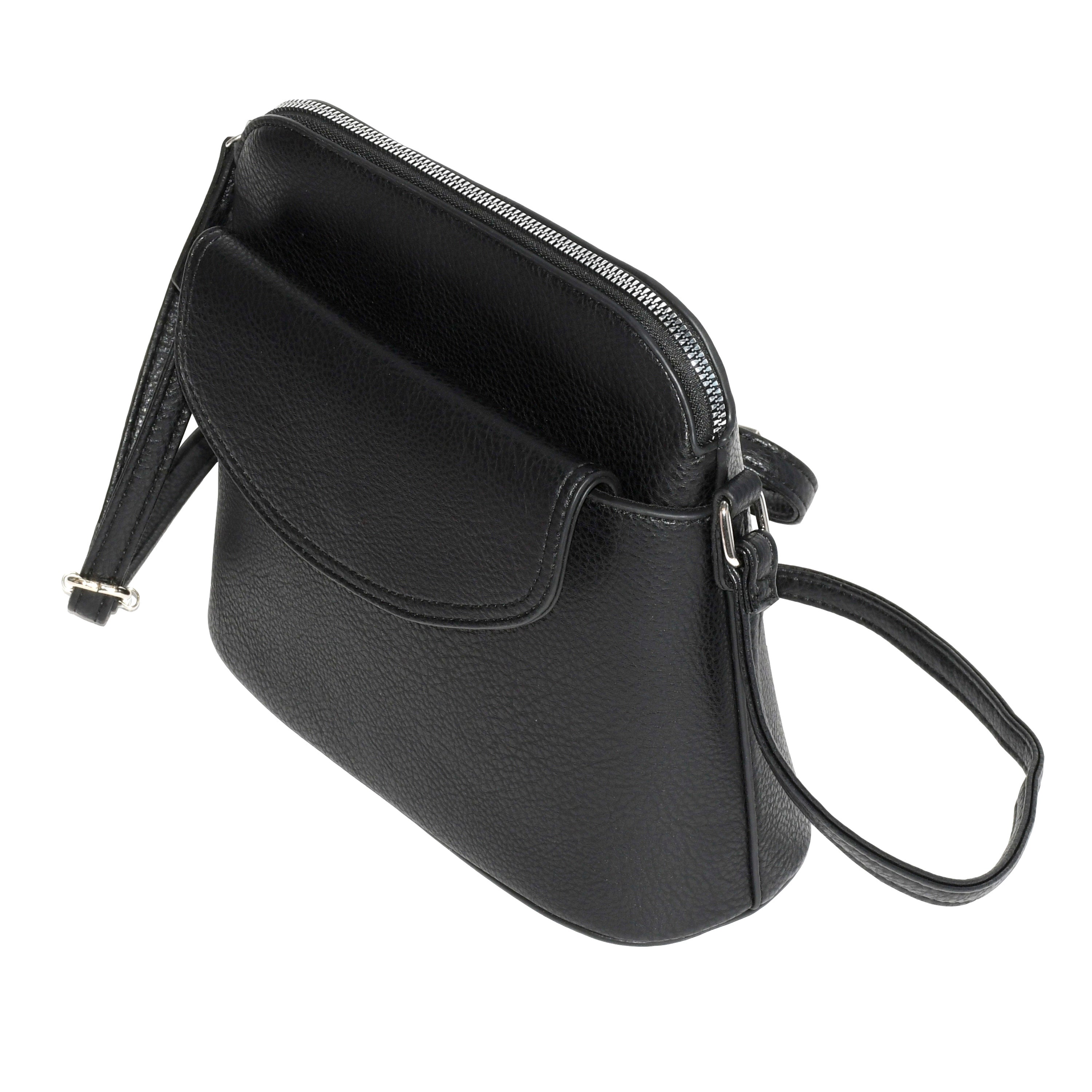 Ladies' Crossbody Bag with Front Flap in soft pebble PU, featuring a rounded flap, adjustable strap, and spacious interior.