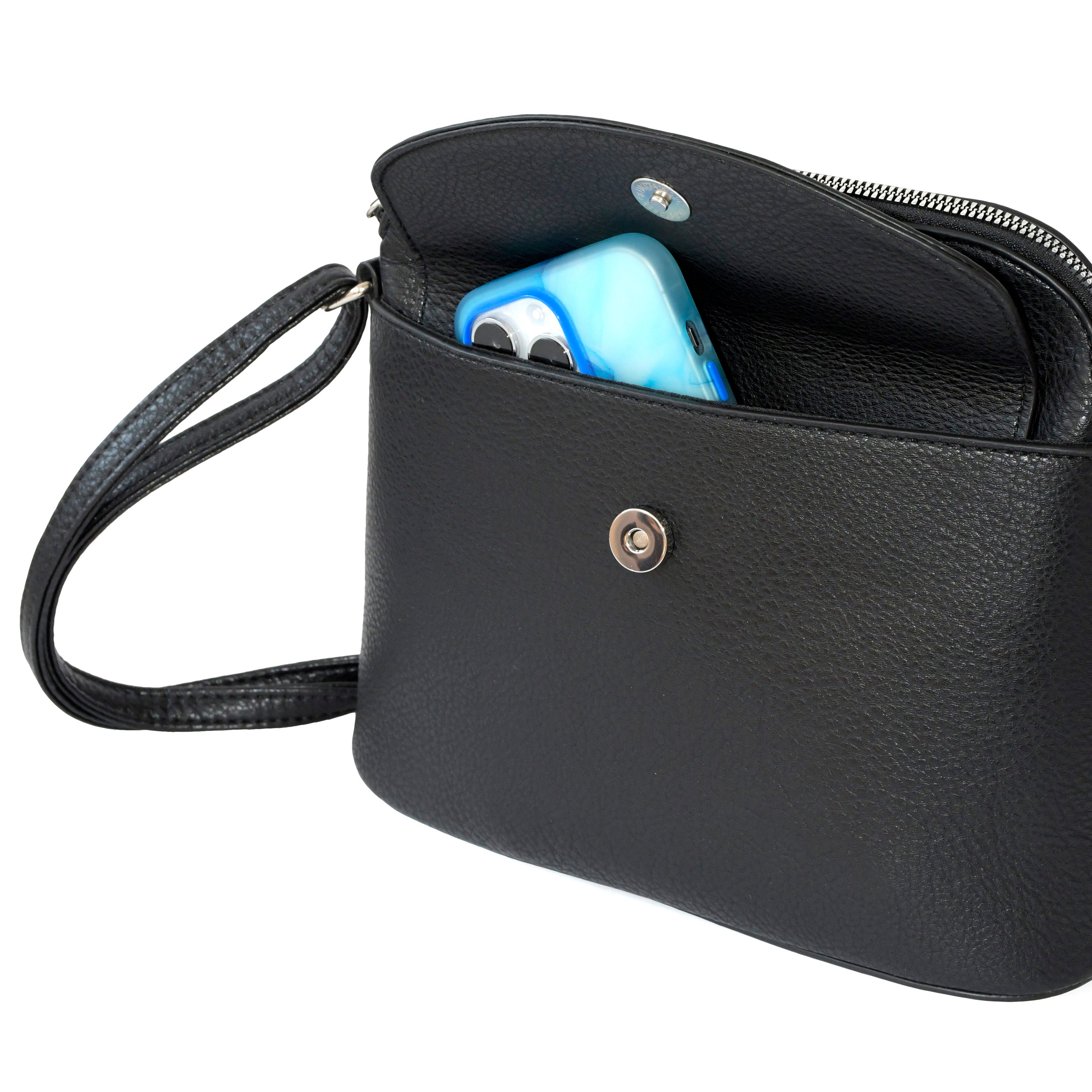 Ladies' Crossbody Bag with Front Flap in soft pebble PU, featuring a rounded flap, adjustable strap, and spacious interior.