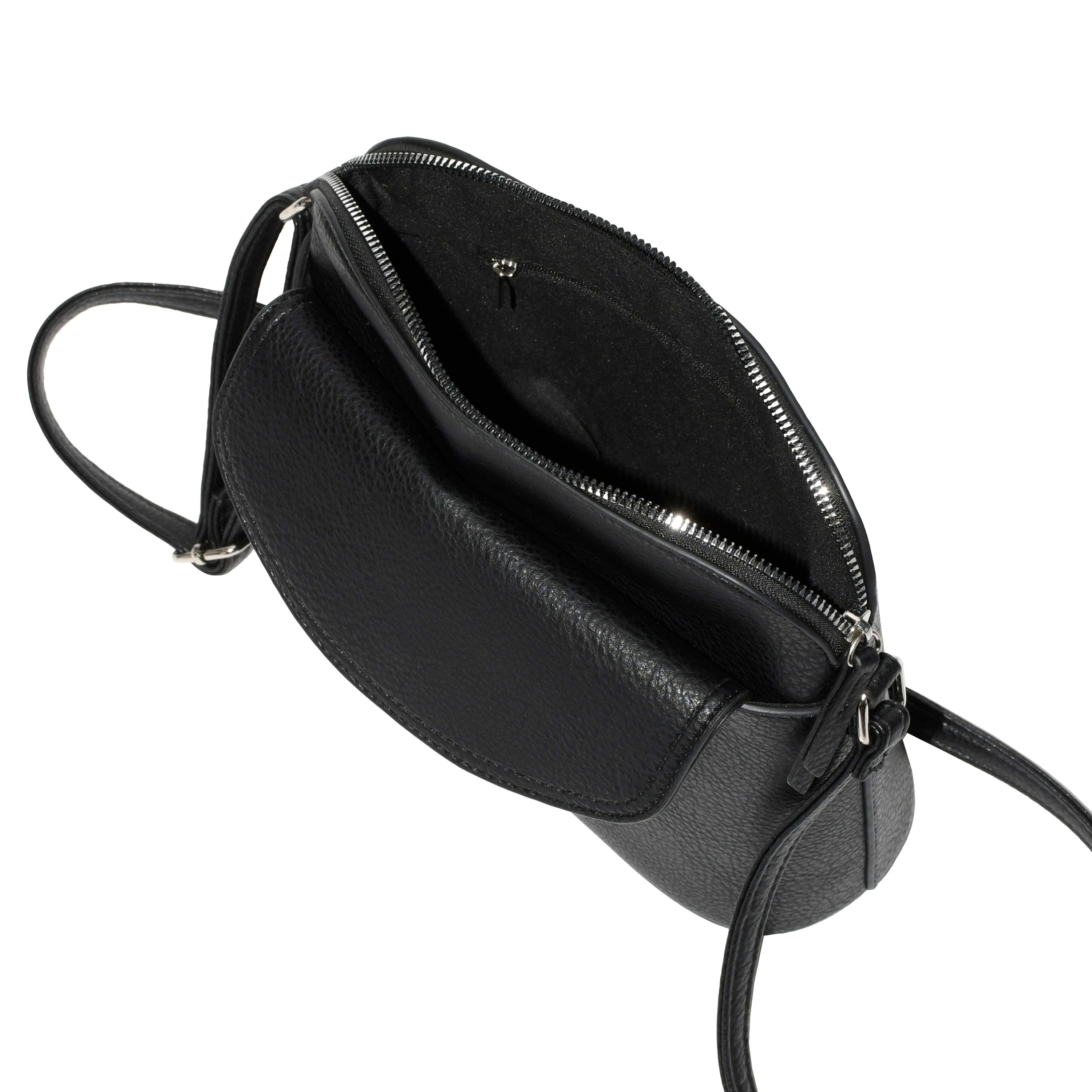 Ladies' Crossbody Bag with Front Flap in soft pebble PU, featuring a rounded flap, adjustable strap, and spacious interior.