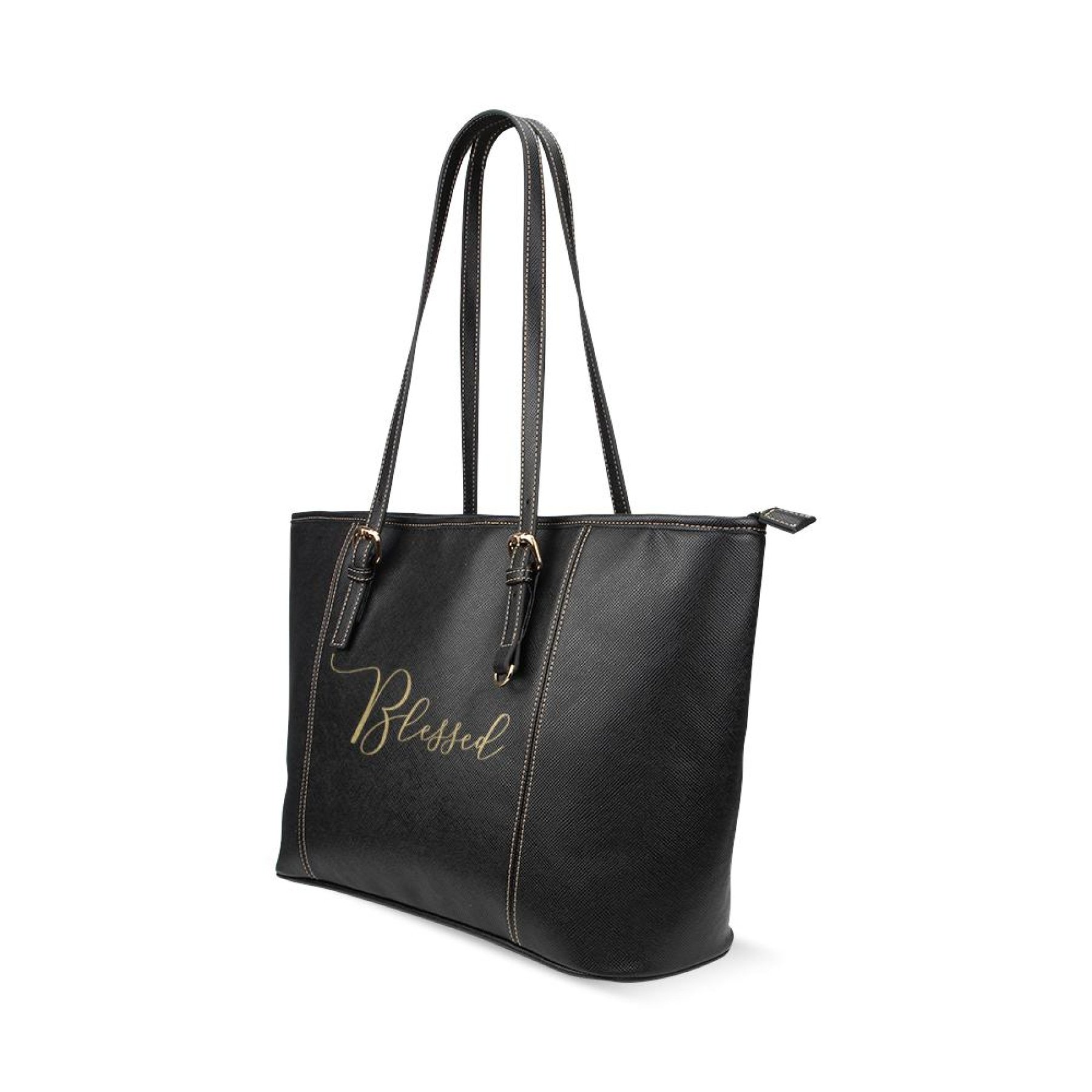 Large Leather Tote Shoulder Bag with Blessed Illustration, featuring adjustable straps and spacious interior for everyday use.