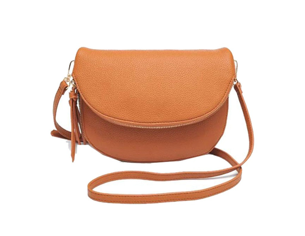 Lenna Half Moon Double Zipper Tan Bag made of fine vegan leather with a pebbled texture, featuring an adjustable strap and expandable zipper.