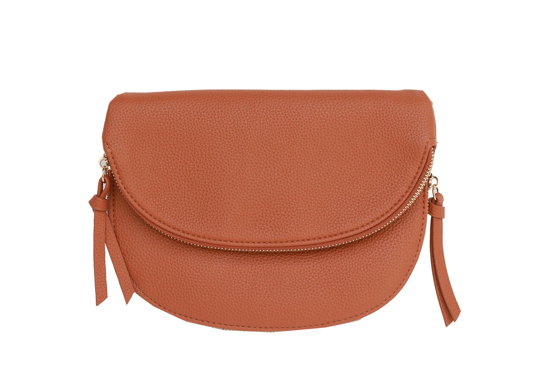 Lenna Half Moon Double Zipper Tan Bag made of fine vegan leather with a pebbled texture, featuring an adjustable strap and expandable zipper.