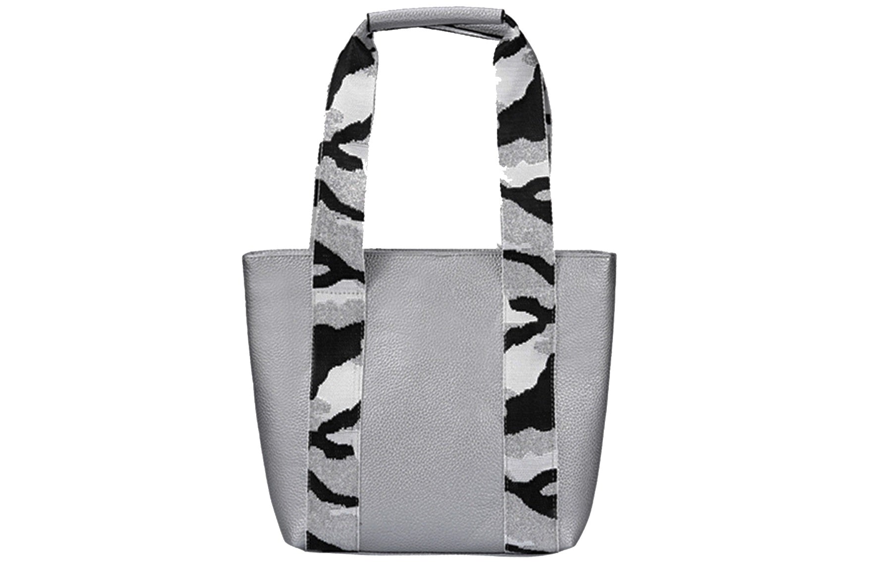 Lucky Silver Vegan Leather Bag by Timmy Woods, featuring two handles and spacious interior lining.