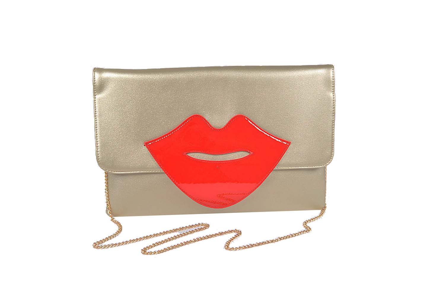 Makayla Gold Metallic Clutch Bag made of vegan leather with a large lips design, showcasing its stylish and sophisticated appearance.