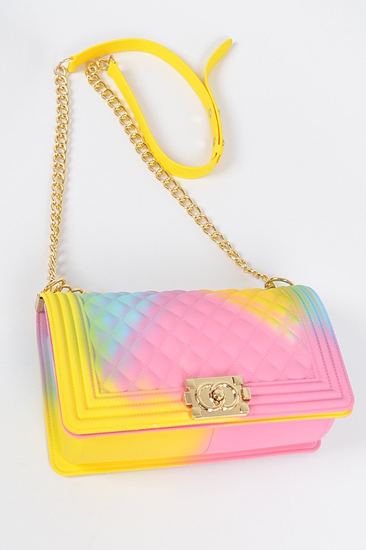 A stylish mix tone textured jelly shoulder bag with a shoulder chain, showcasing its unique design and durable materials.