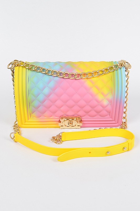 A stylish mix tone textured jelly shoulder bag with a shoulder chain, showcasing its unique design and durable materials.