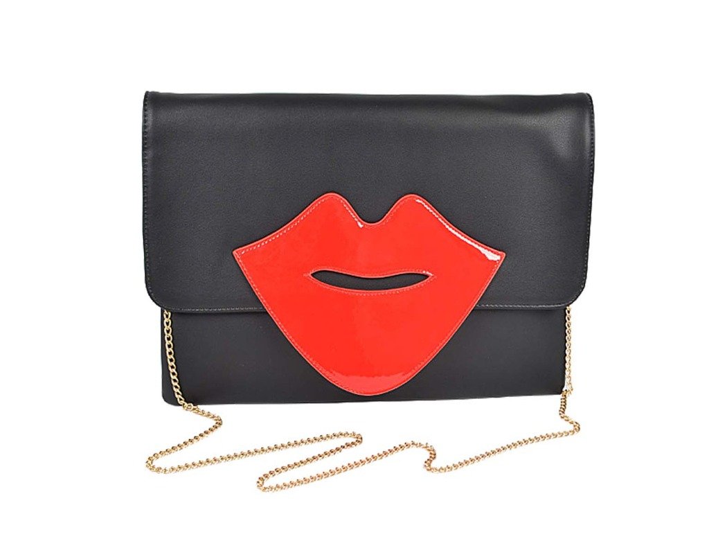 Nanci Envelope Bag in rich vegan leather with a large lip design, showcasing its stylish and sophisticated look.