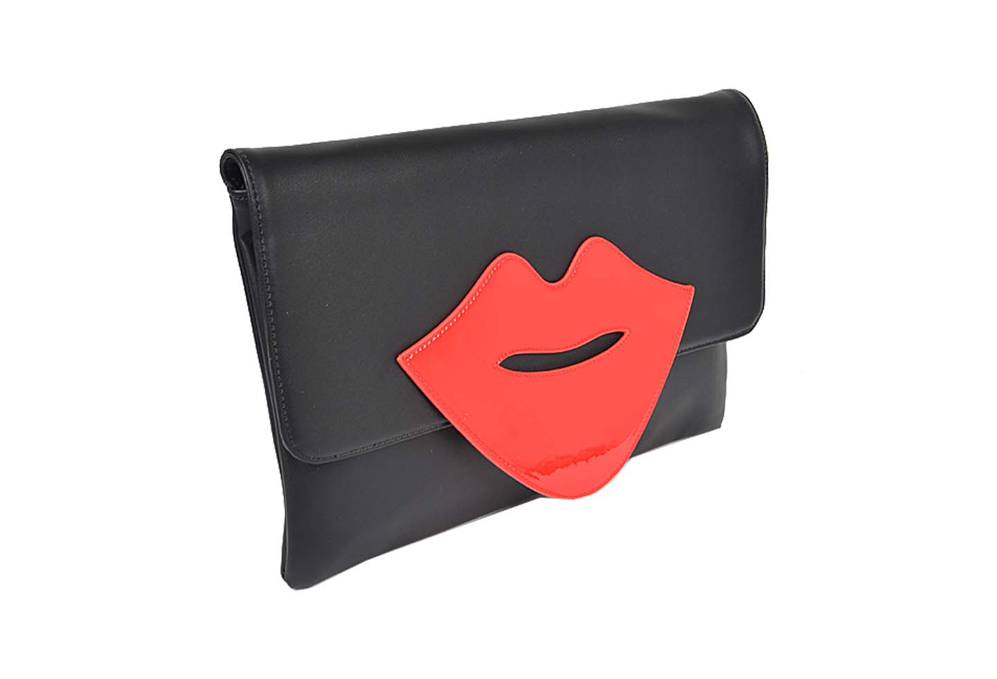 Nanci Envelope Bag in rich vegan leather with a large lip design, showcasing its stylish and sophisticated look.