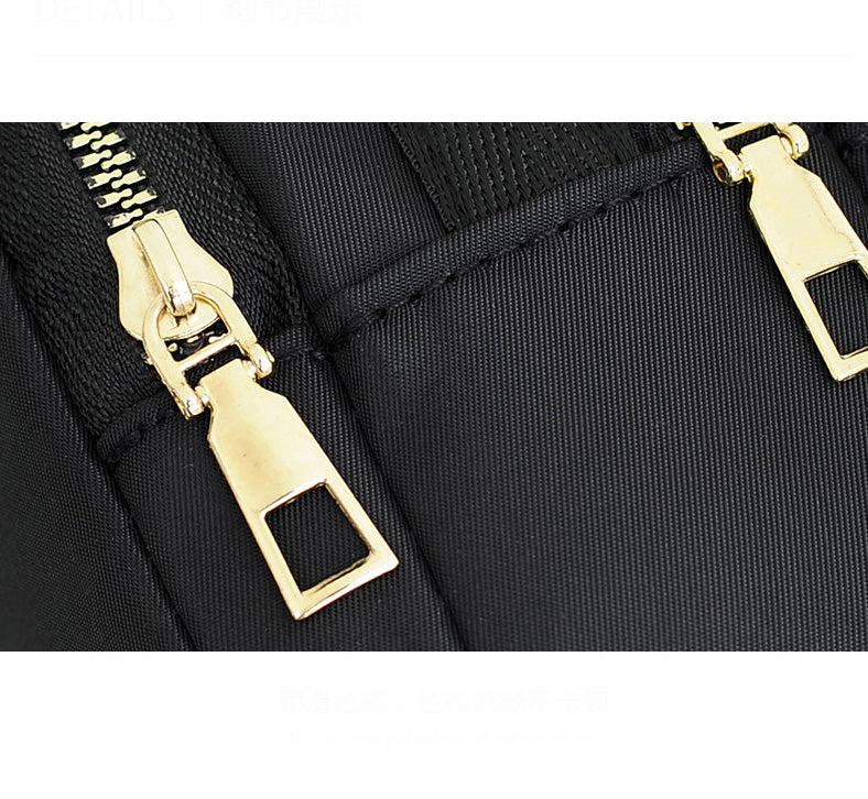 A stylish nylon quilted bag featuring multiple zipper pockets, adjustable strap, and gold-tone hardware.