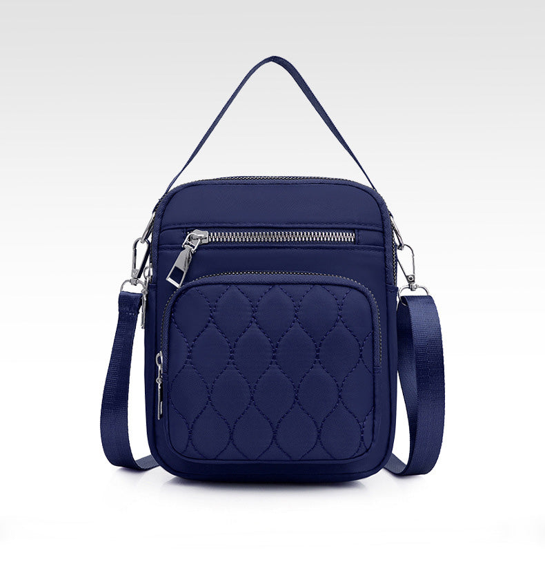 A stylish NYLON QUILTED BAG in black, featuring multiple zipper pockets and an adjustable strap, perfect for daily use.