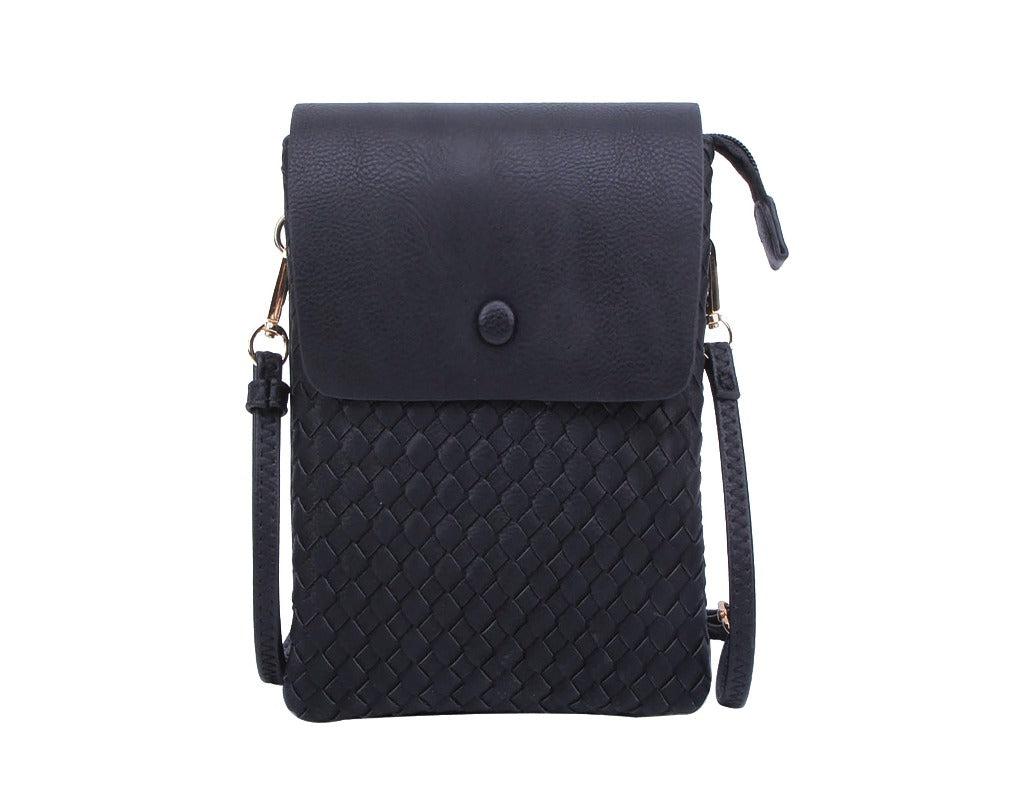 Oliva Black Vegan Leather Crossbody Bag with crisscross design and adjustable strap.