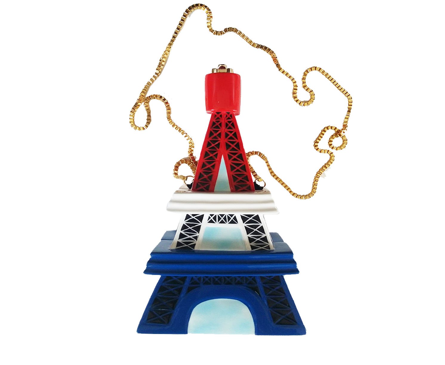 Paris Tower handbag made from acacia wood, hand-painted in red, white, and blue, featuring a TW lock closure and satin lining.