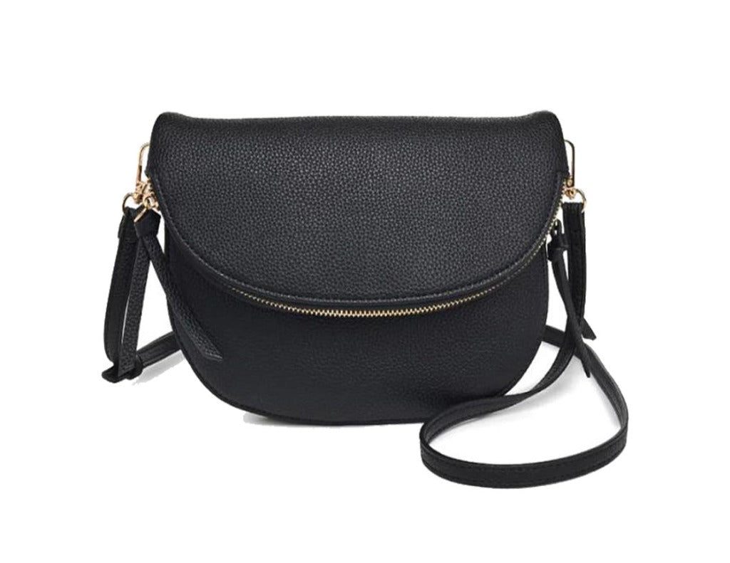 Pilar Half Moon Double Zipper Black Bag made of fine vegan leather with adjustable strap.