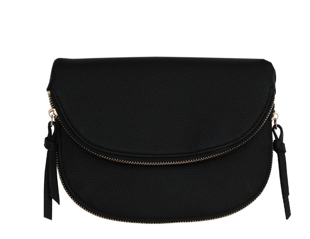 Pilar Half Moon Double Zipper Black Bag made of fine vegan leather with adjustable strap.