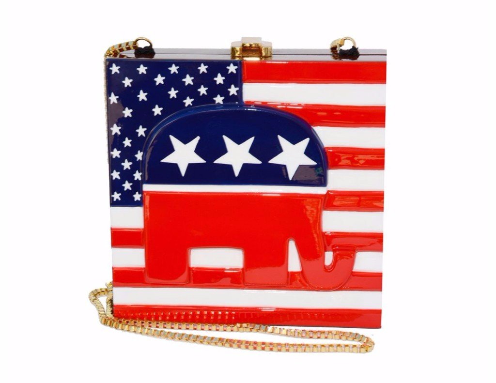 Republican Handbag made from reclaimed Acacia wood featuring a carved elephant and hand-painted American flag design.