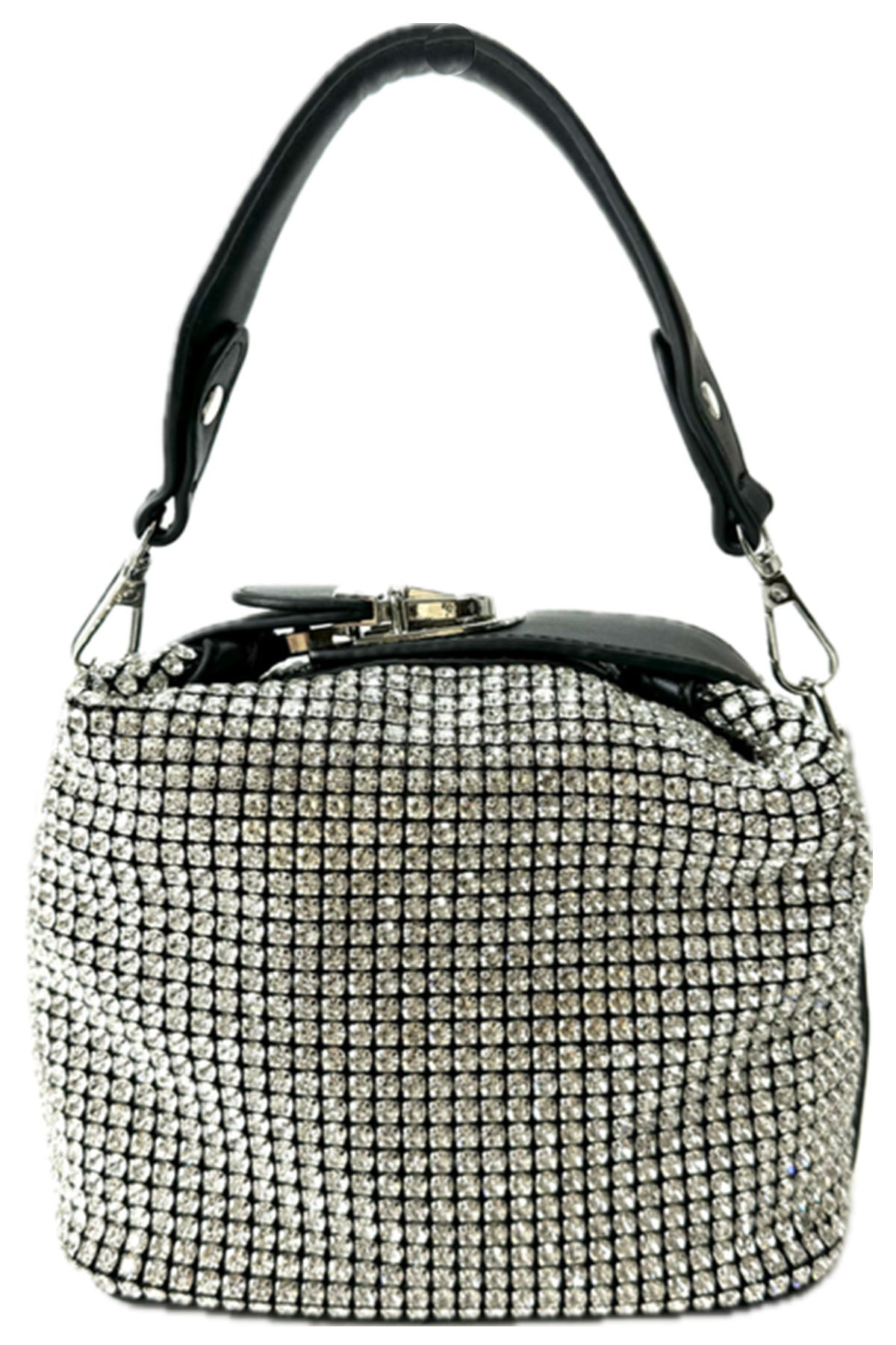 A stylish RHINSTONE MINI BAG featuring rhinestone embellishments, adjustable shoulder strap, and secure zipper closure.