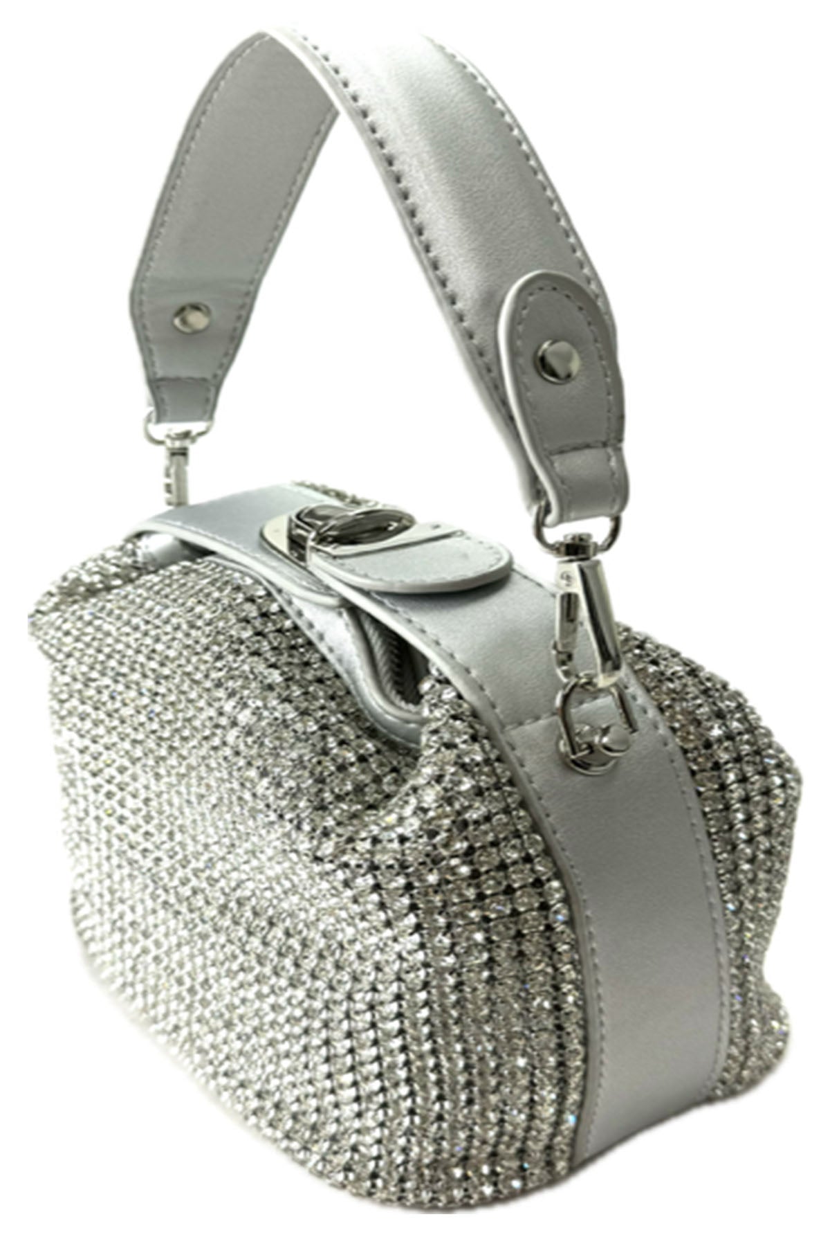 A stylish RHINSTONE MINI BAG featuring rhinestone embellishments, adjustable shoulder strap, and secure zipper closure.