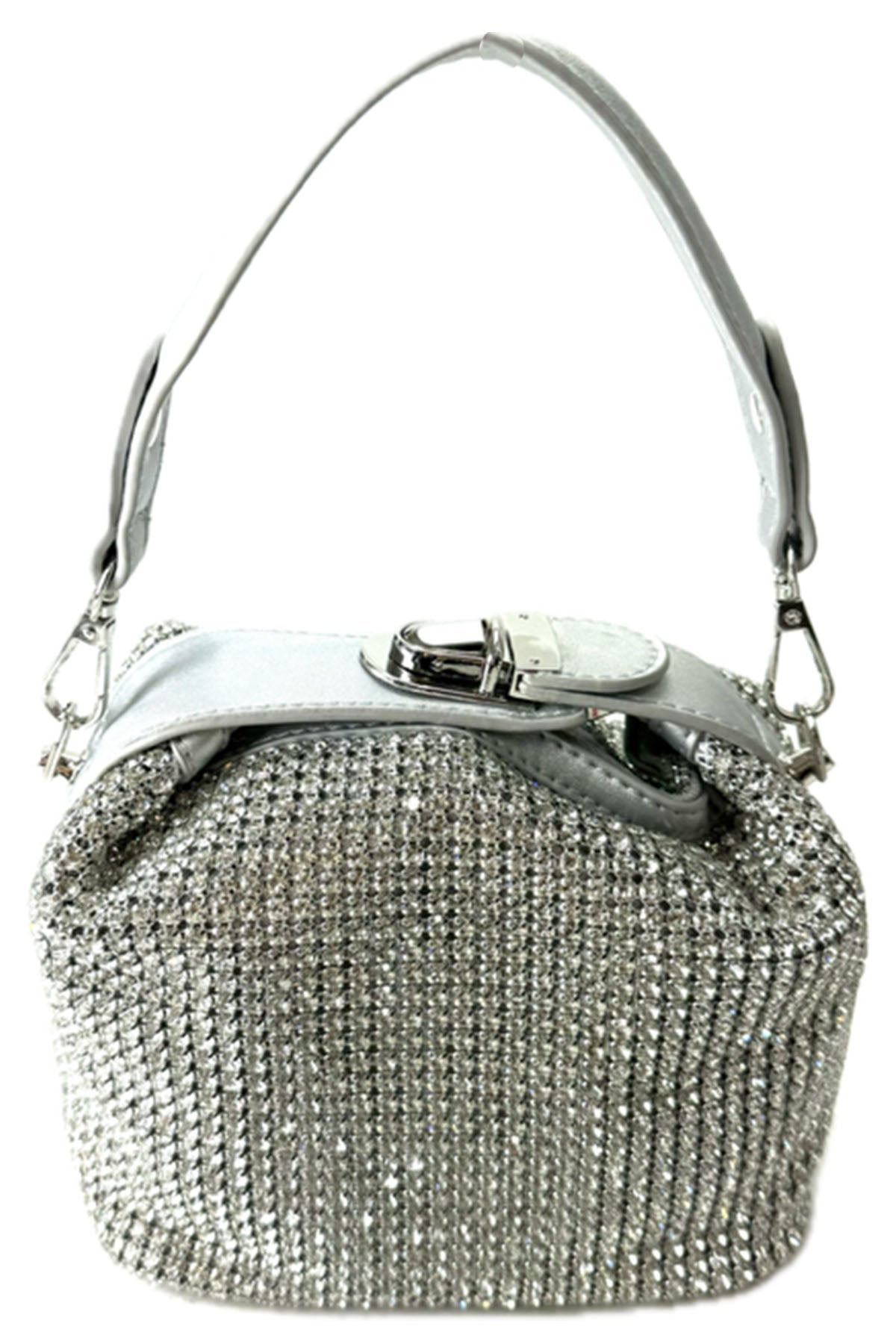 A stylish RHINSTONE MINI BAG featuring rhinestone embellishments, adjustable shoulder strap, and secure zipper closure.