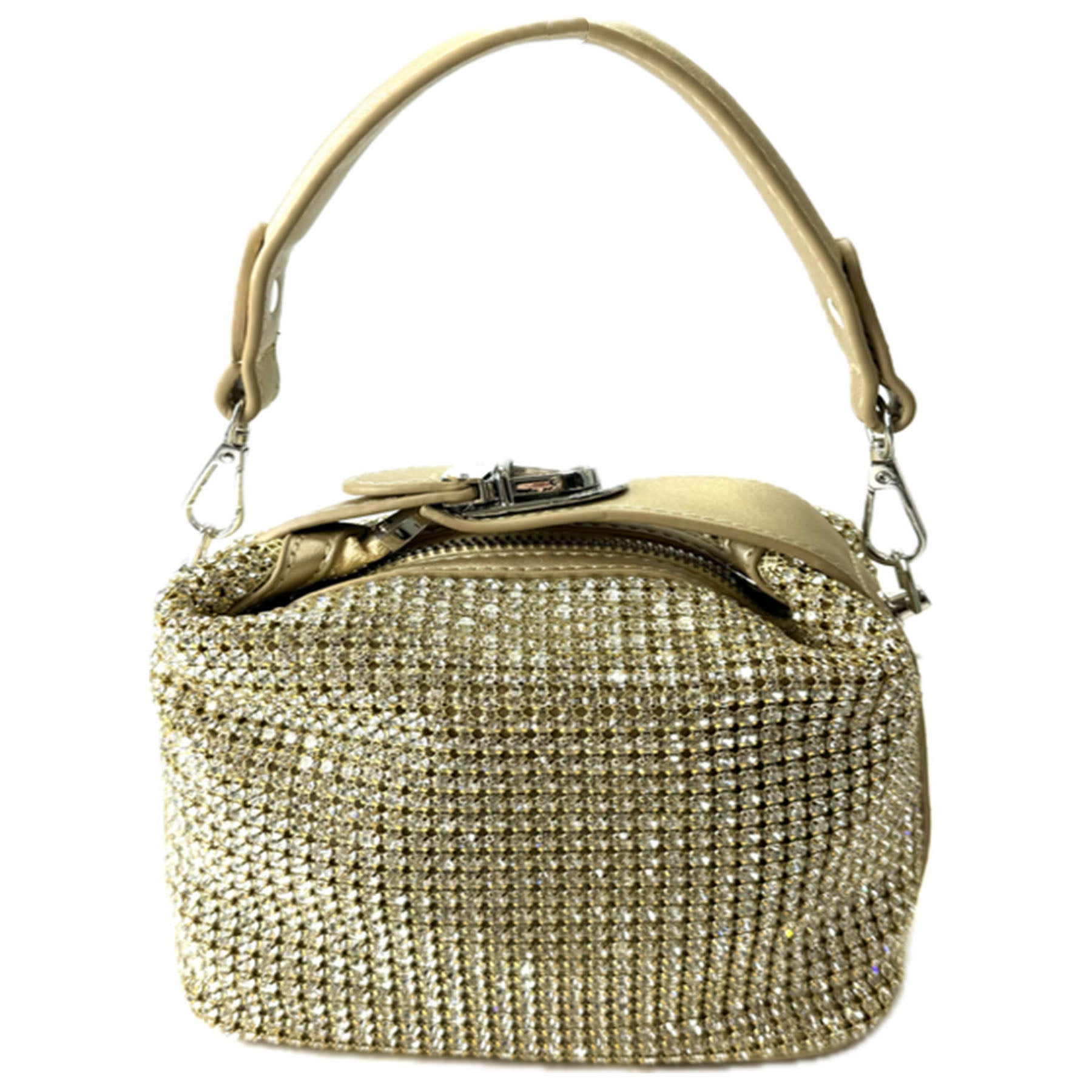 A stylish RHINSTONE MINI BAG featuring rhinestone embellishments, adjustable shoulder strap, and secure zipper closure.