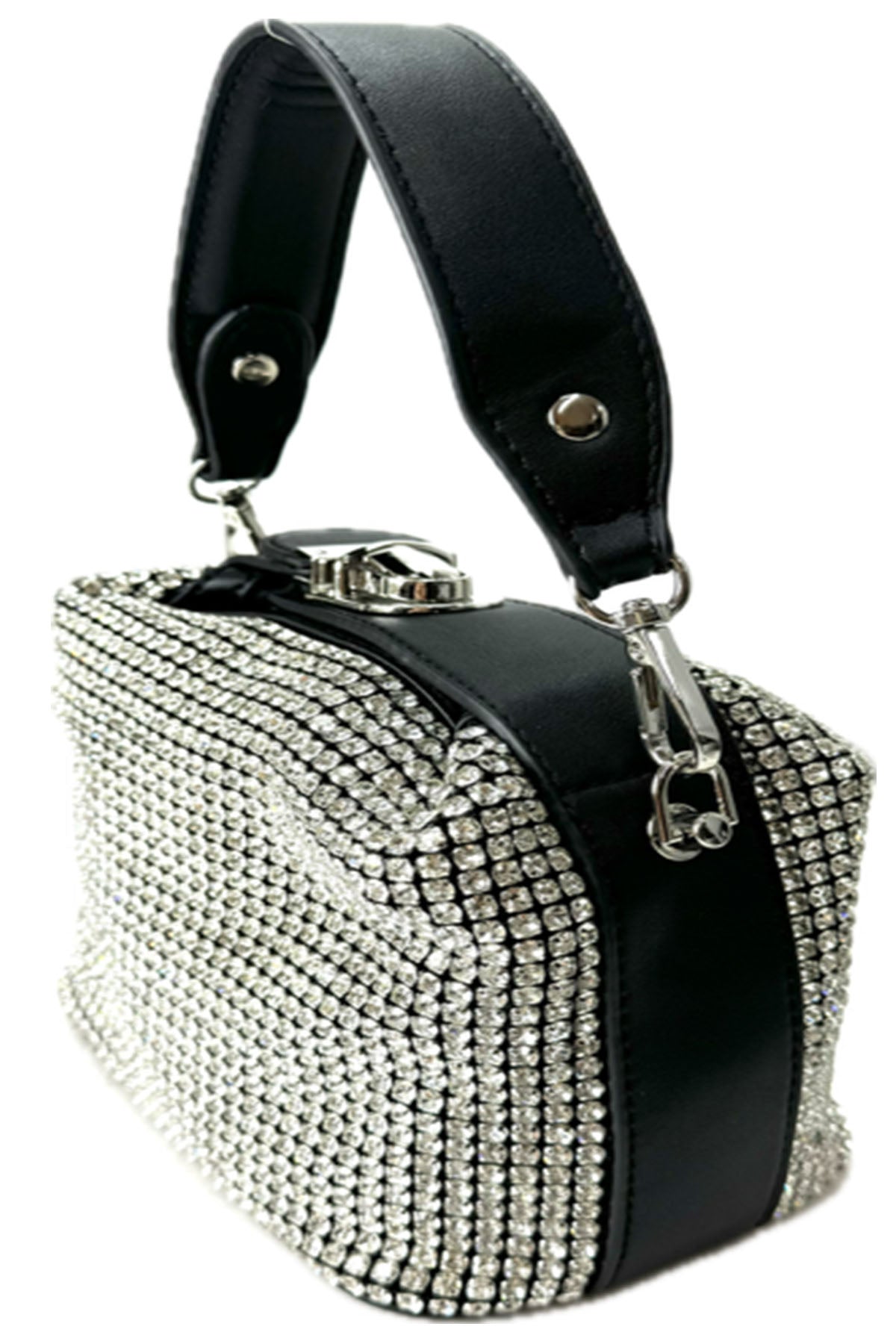 A stylish RHINSTONE MINI BAG featuring rhinestone embellishments, adjustable shoulder strap, and secure zipper closure.