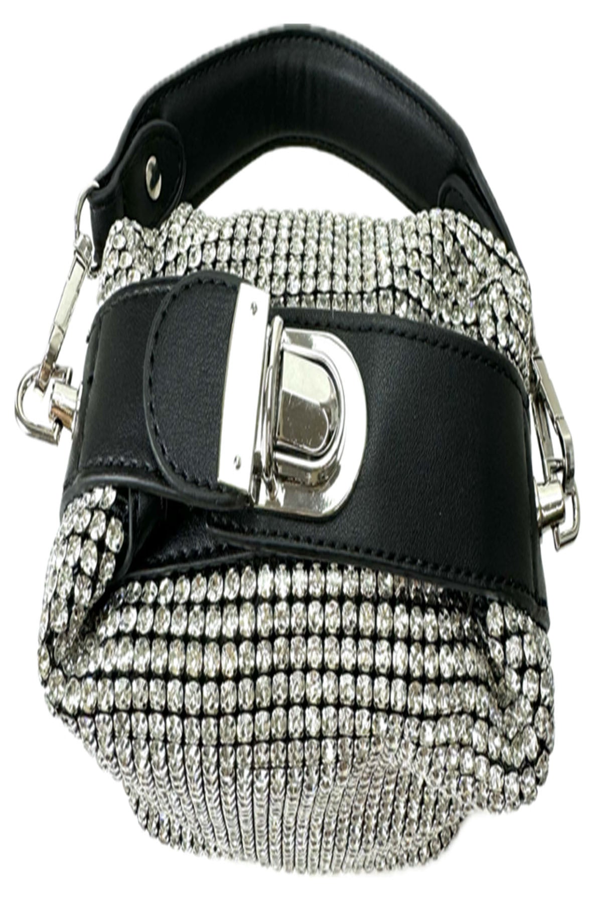 A stylish RHINSTONE MINI BAG featuring rhinestone embellishments, adjustable shoulder strap, and secure zipper closure.