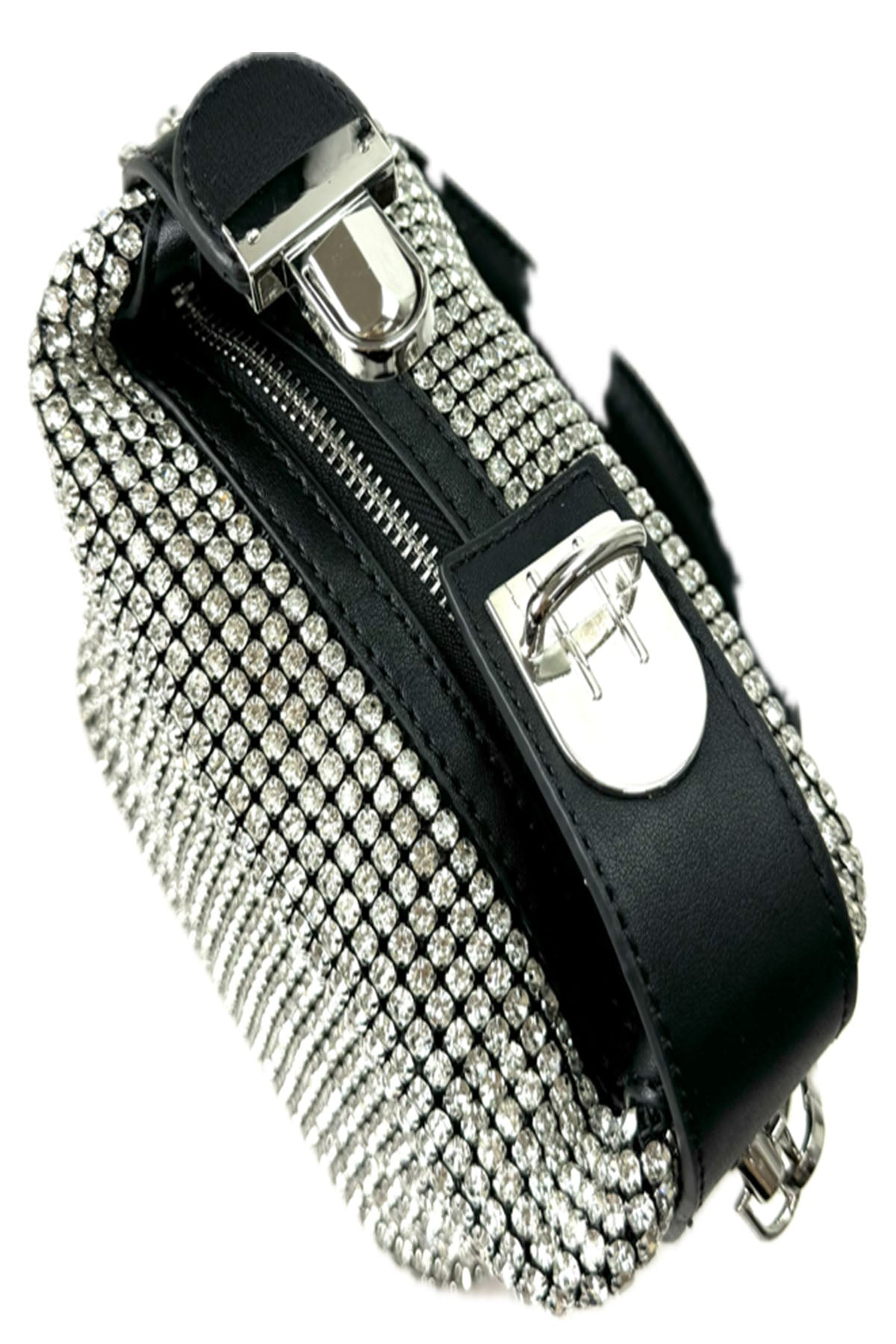 A stylish RHINSTONE MINI BAG featuring rhinestone embellishments, adjustable shoulder strap, and secure zipper closure.