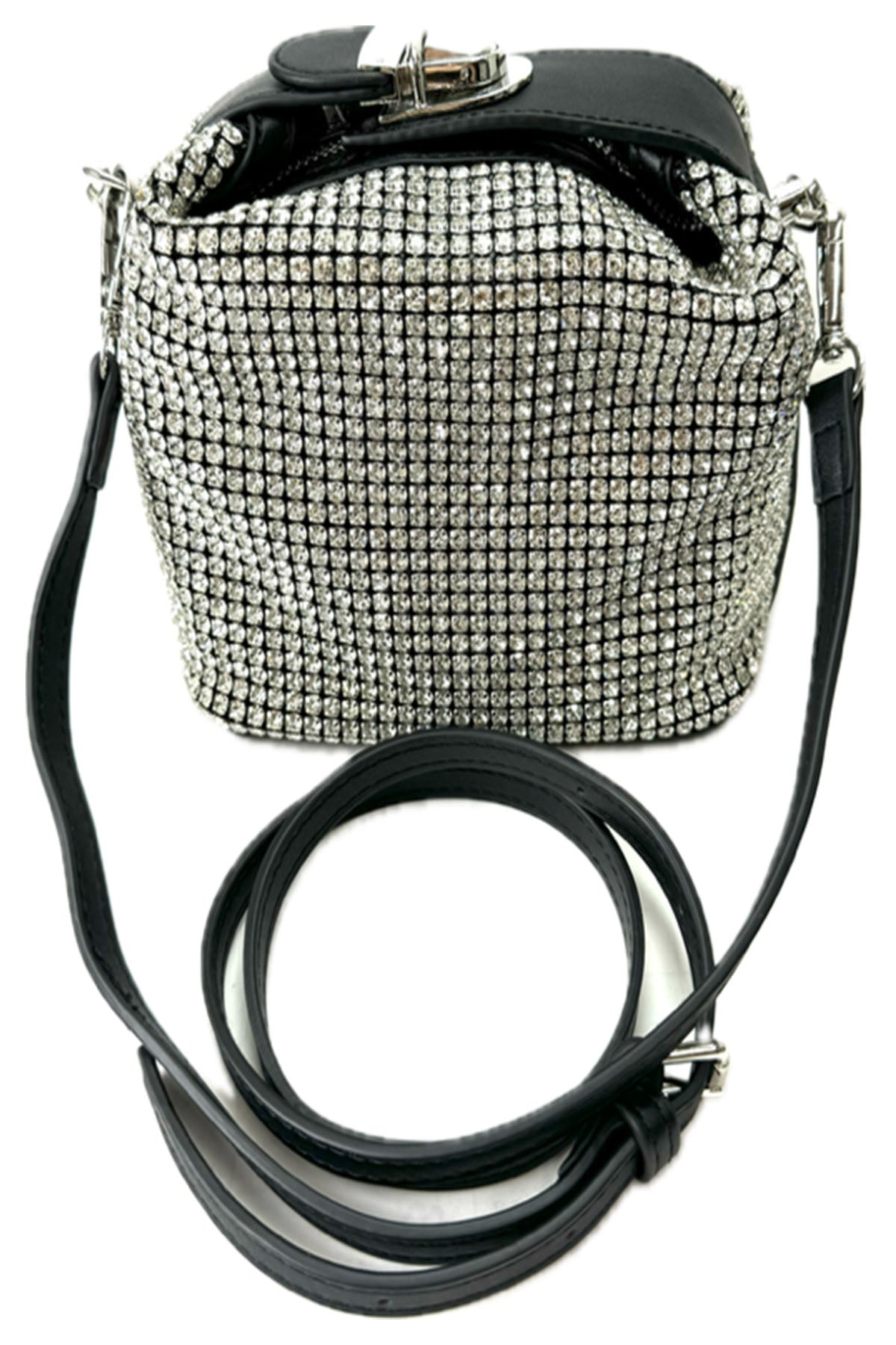 A stylish RHINSTONE MINI BAG featuring rhinestone embellishments, adjustable shoulder strap, and secure zipper closure.