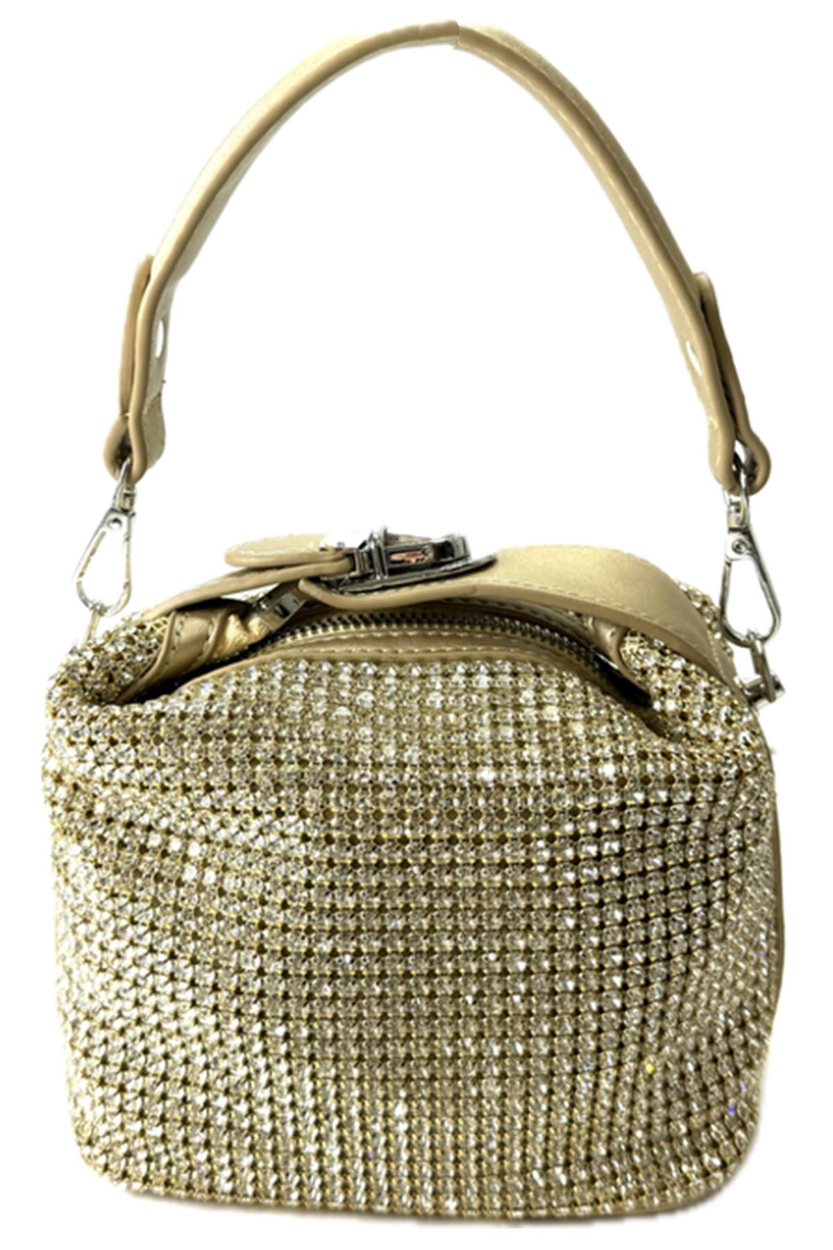 A stylish RHINSTONE MINI BAG featuring rhinestone embellishments, adjustable shoulder strap, and secure zipper closure.