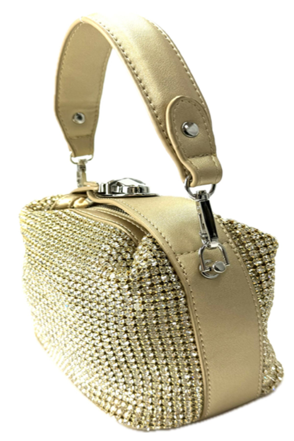 A stylish RHINSTONE MINI BAG featuring rhinestone embellishments, adjustable shoulder strap, and secure zipper closure.