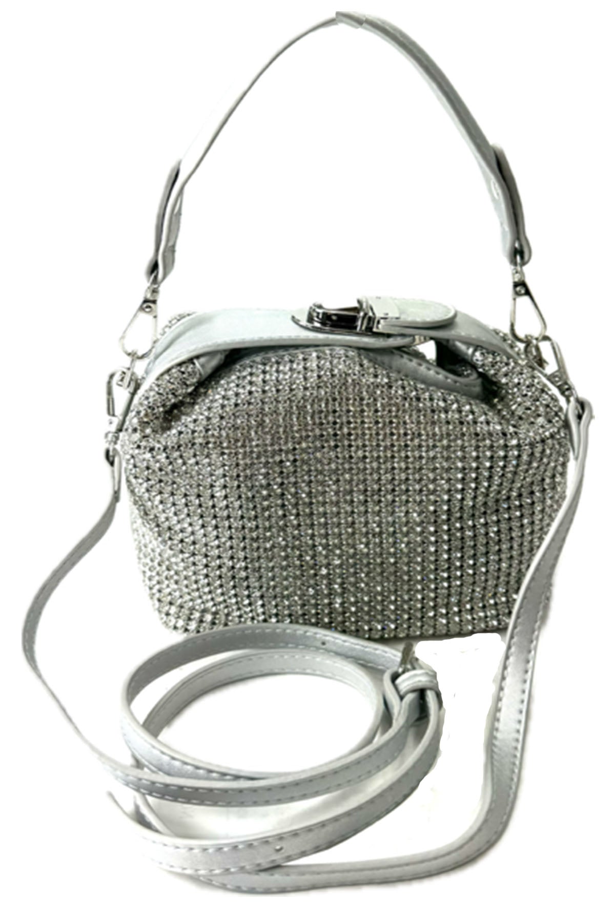 A stylish RHINSTONE MINI BAG featuring rhinestone embellishments, adjustable shoulder strap, and secure zipper closure.